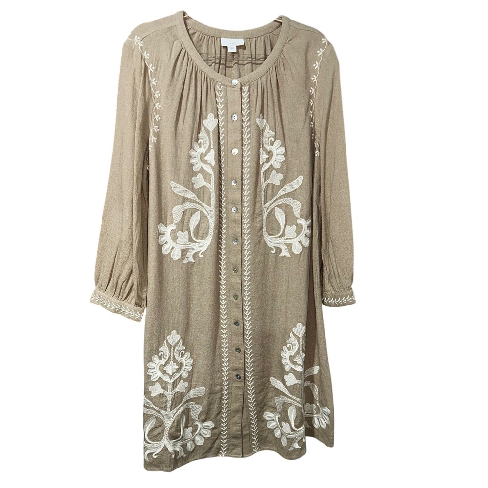 J.Jill Womens Embroidered Long Sleeve Button Front Linen Blend Dress Tan Small - Picture 2 of 8